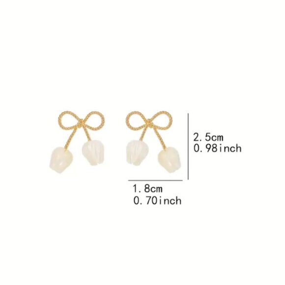 Cute Enamel Korean Style Bow Tie Design Pink Floral Tulip Studs Fashion Earrings - Picture 3 of 5